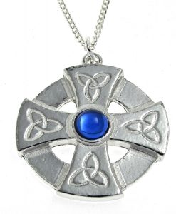 Blue stone set Celtic cross pendant in Cornish tin