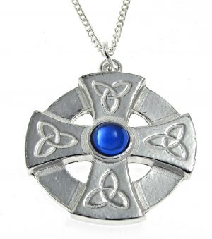 Blue stone set Celtic cross pendant in Cornish tin