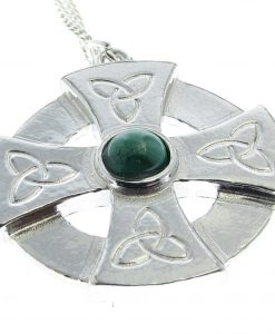 Celtic cross head pendant in Cornish tin with green stone
