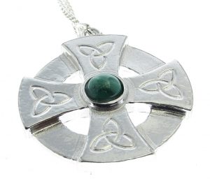 Celtic cross head pendant in Cornish tin with green stone